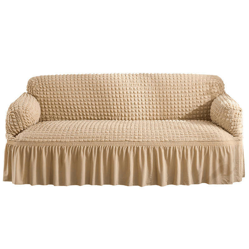SMTE Frilled Elastic Sofa Covers 2.2.1.1-Seater - Beige with keychain