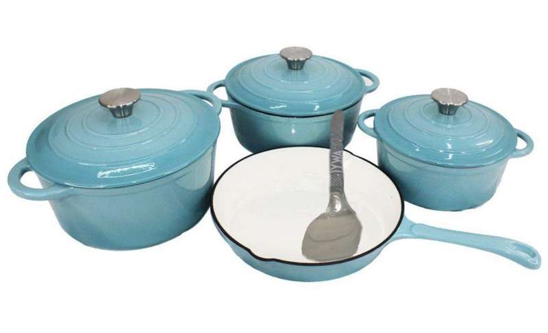 SMTE Quality Cast Iron Cookware Set & Complementary IYWA Serving Spoon - Sky Blue with keychain