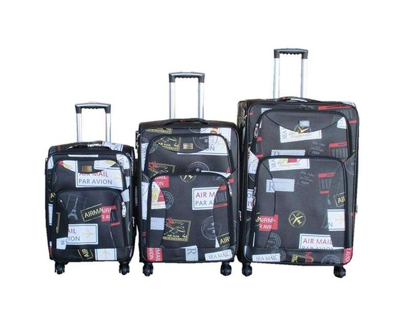 SMTE 3 PiecePU Leather Expandable Trolley Luggage with Travel Print Design with keychain