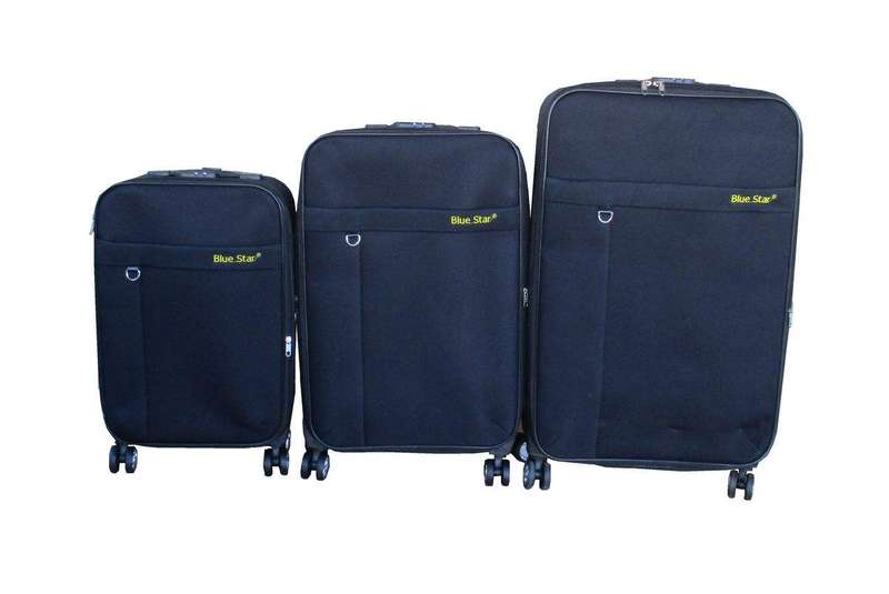 SMTE Blue Star 3-Piece Black Fabric Spinner Luggage Set - Small, Medium, Large with keychain