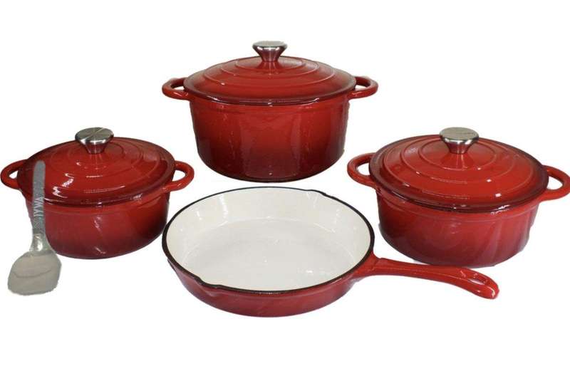 SMTE Quality Cast Iron Cookware Set & Complementary IYWA Serving Spoon - Raspberry with keychain