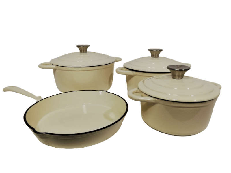SMTE Stunning - 7 Piece New Design Dutch Pot Cookware Sets Cast Iron - Cream with keychain