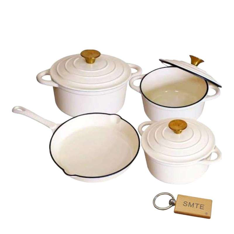 SMTE Premium 7-Piece Cast Iron Cookware Set+ Smte Keychain - White