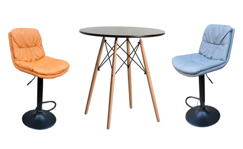 SMTE Soft Padded Perla Black Based Bar Stool and Black Wooden Leg Table Set - Orange with keychain