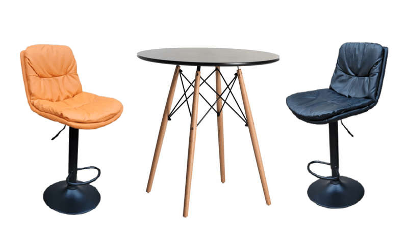 SMTE Soft Padded Perla Black Based Bar Stool and Black Wooden Table Set - Orange with keychain