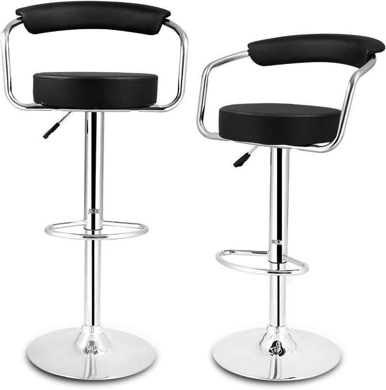 SMTE Adjustable Bar Stools with Armrest and Chrome Base - Set of 2 - Black with keychain
