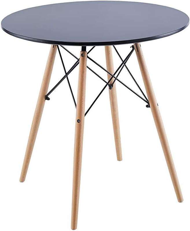 SMTE Small Round Table Wooden Legs Office Desk Kitchen Dining Table - Black with keychain