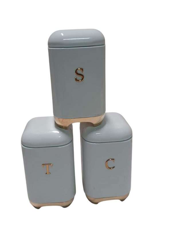 SMTE 3-Piece Set - Tea, Coffee, Sugar Canister - Light Blue with Gold Trim with keychain