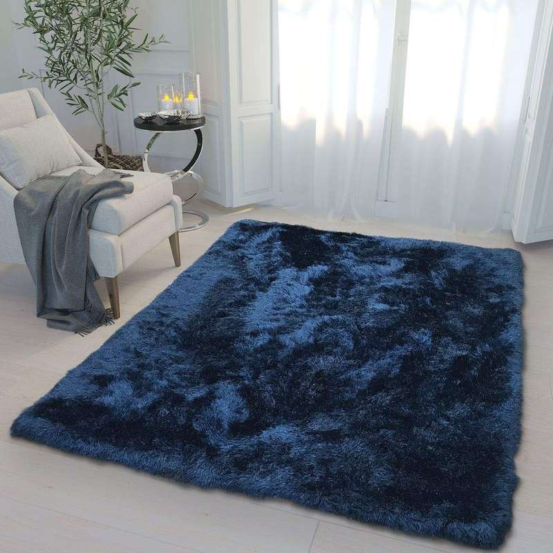 SMTE 150 x 180cm Plush Two Tone Fluffy Carpet - Shaggy & Foldable Rug Navy Blue with keychain