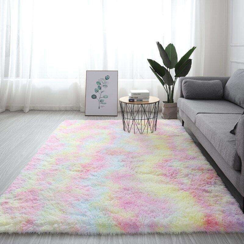 SMTE 150 x 180cm Plush Fluffy Carpet - Shaggy & Foldable Rugs - Rainbow with keychain