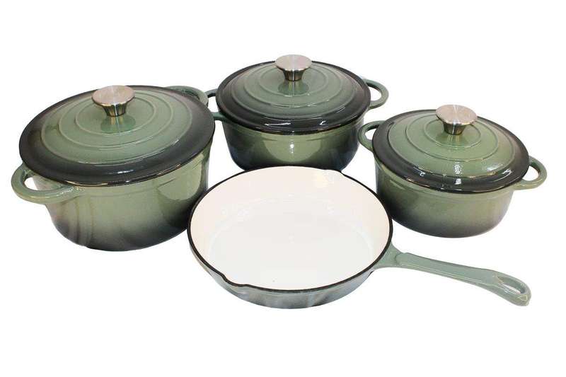 SMTE 7 Piece Authentic Cast Iron Dutch Oven Cookware Pot Set - Forest Green with keychain
