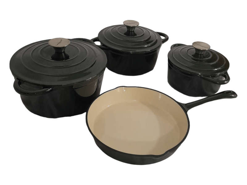 SMTE- 7 Piece Authentic Cast Iron Dutch Oven Cookware Pot Set - Dark Green with keychain