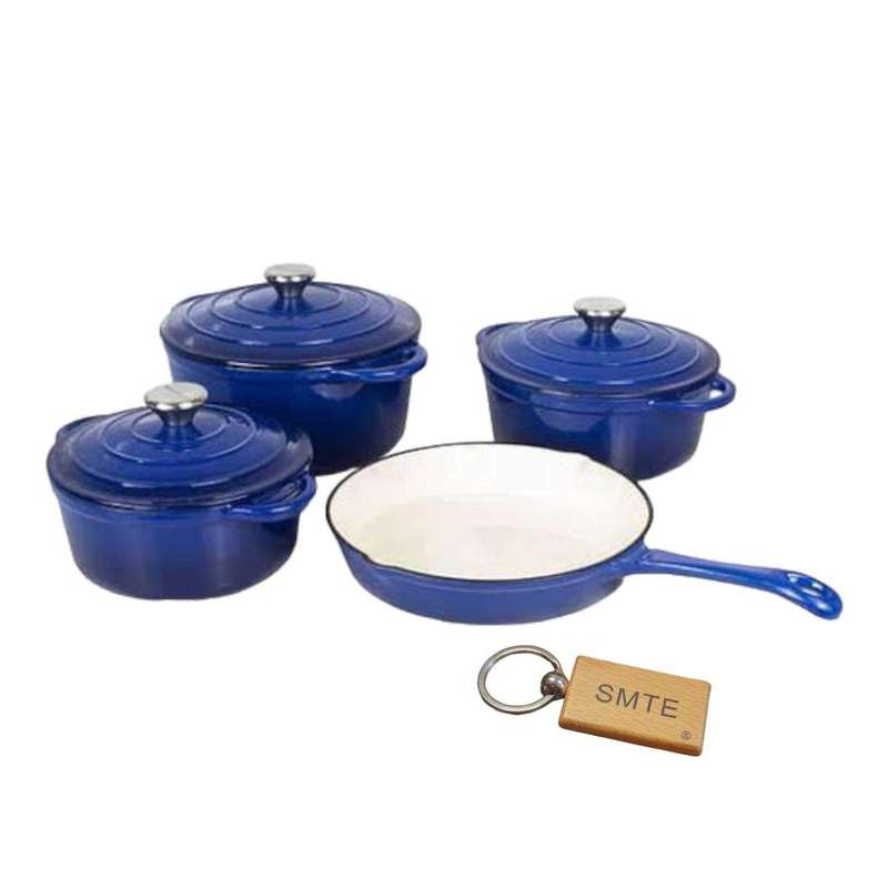 SMTE Premium 7-Piece Cast Iron Cookware Set+ Smte Keychain - Blue