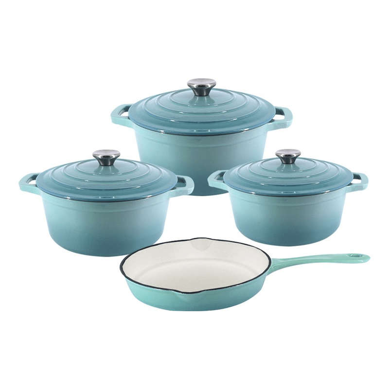SMTE 7 Piece Black Authentic Cast Iron Cookware Set - Blue with keychain