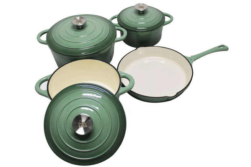 SMTE 7 Piece Black Authentic Cast Iron Cookware Set - Green with keychain