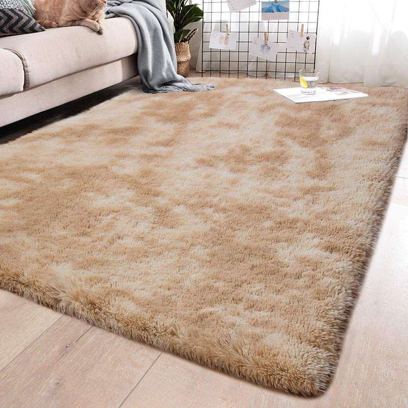 SMTE 140 x 180cm Plush Three Tone Fluffy Carpet - Shaggy & Foldable Rugs - Cream with keychain