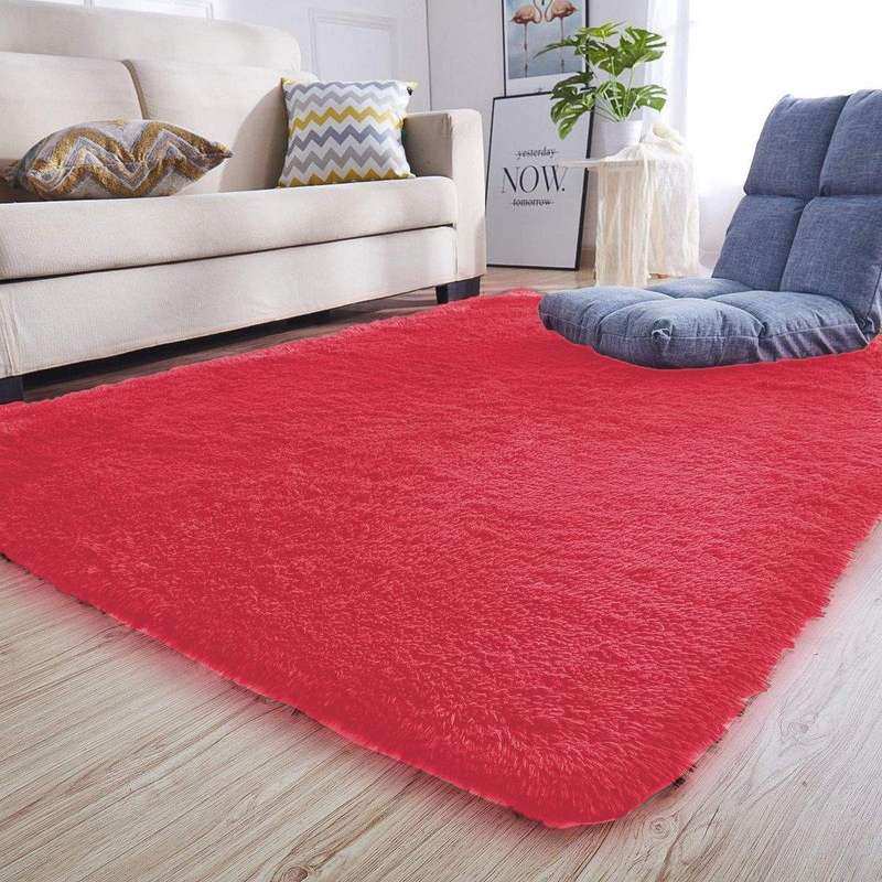SMTE 140 x 180cm Plush Fluffy Carpet - Shaggy & Foldable Rugs - Red with keychain