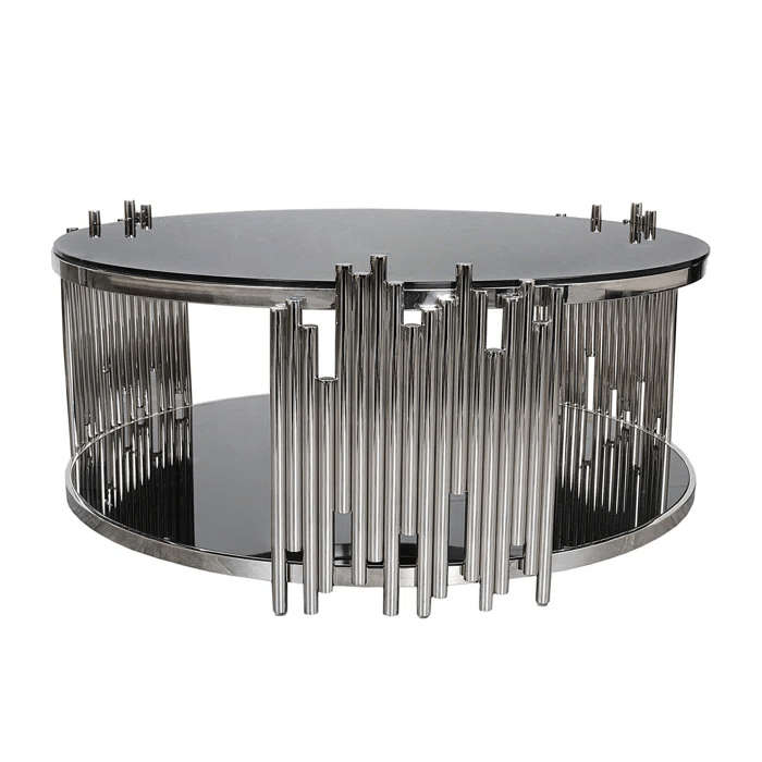 SMTE Coffee Tables - Rounded Tempered Glass Top with Steel Base - Silver, Black with keychain