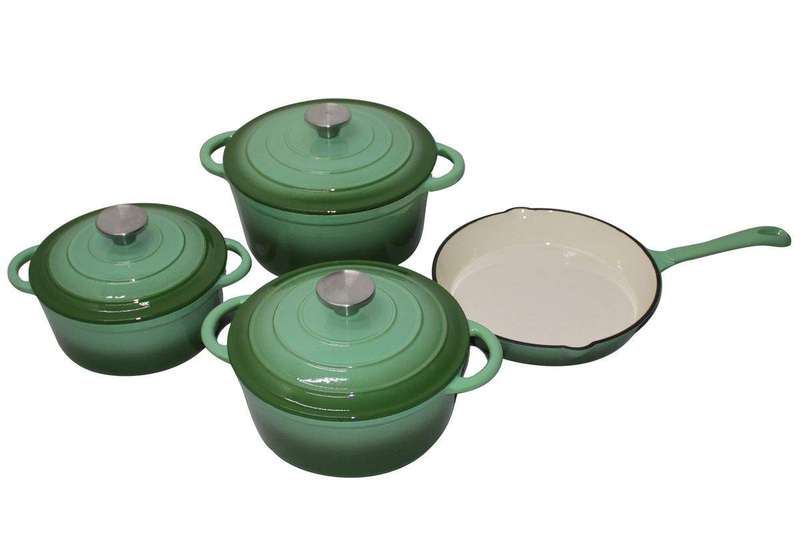 SMTE King Cuisine 7 Piece Glazed Cast Iron Dutch Oven Cookware Pot & Pan Set with keychain