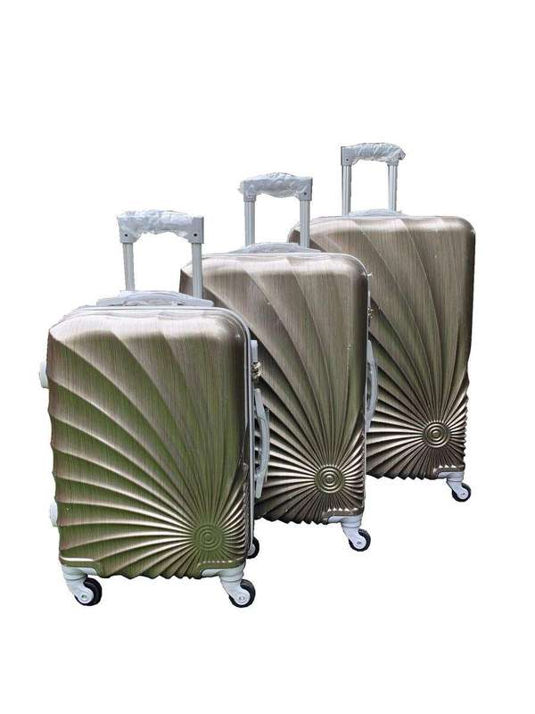 SMTE 3 Piece Hard Outer Shell Lightweight Spiral Metallic Luggage Bag Set - Brown with keychain