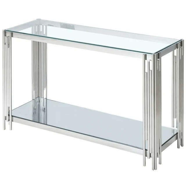 SMTE Homefront Silver Console Table - Rectangular Clear Tempered Glass Top with keychain