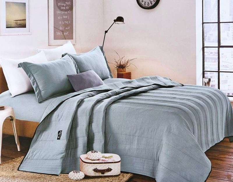 SMTE 4 Piece King Size Pre-washed Quilt Set Polyester Material - Light Blue with keychain
