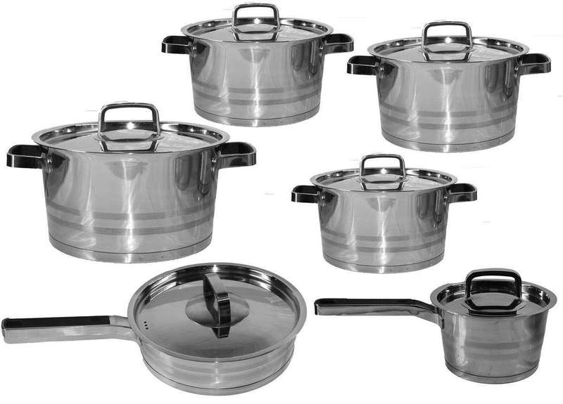 SMTE 12 Piece Thermal Bottom Stainless Steel Cookware Set - Bruised Silver Trim with keychain