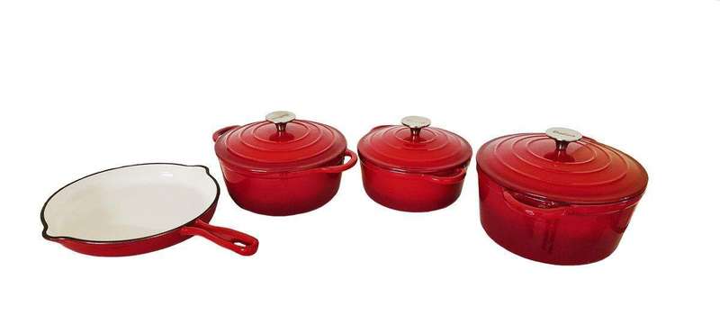 SMTE Continental Homeware 7 Piece Cast Iron Pot Set - Double Red with keychain