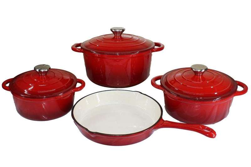 SMTE Dutch Pot Cookware Set Cast Iron - 7 Piece - Red with keychain