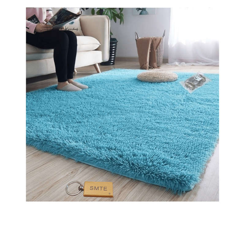 SMTE New Premium Fluffy Carpet/Rug & Complementary Tieback and Keyring - Blue with keychain