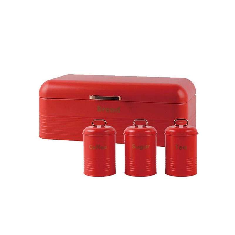 SMTE Upstairs Homeware Retro Bread Bin & Canister Set - Set of 4 Red with keychain