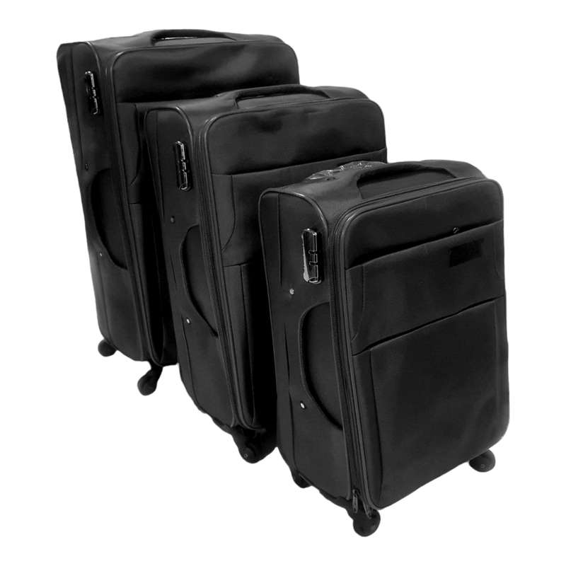 SMTE - Quality Trolley 3 Piece Fabric Travel Luggage Spinner Suitcase Set - Black with keychain