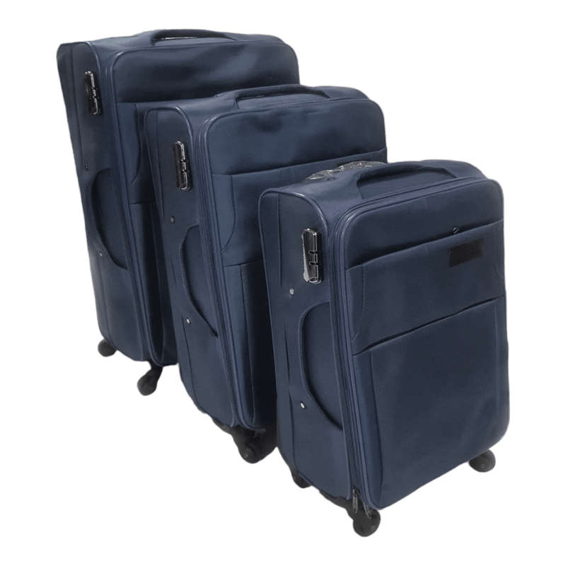 SMTE - Quality Trolley 3 Piece Fabric Travel Luggage Spinner Suitcase Set - Navy with keychain