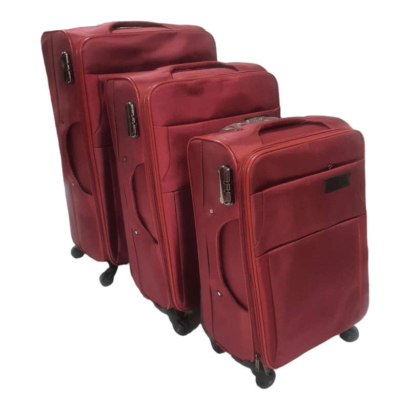 SMTE - Quality Trolley 3 Piece Fabric Travel Luggage Spinner Suitcase Set - Red with keychain