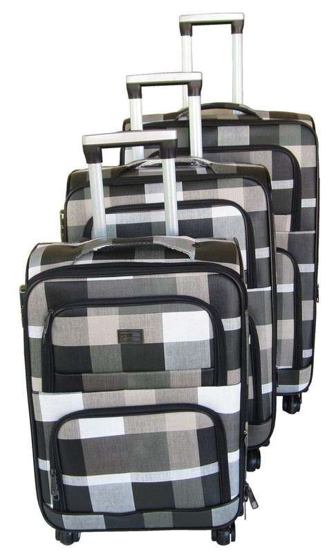 SMTE 3 Piece Checkered  Art PU Leather Travel Luggage Bag Set - White & Black - White & Black wit...