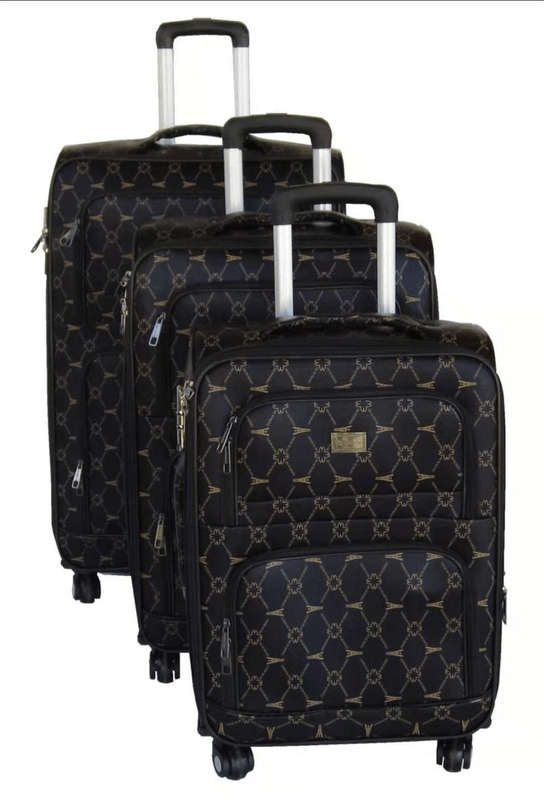 SMTE Elegant 3Piece Spinner Luggage Set-PU Leather, Black/Gold Geometric Pattern with keychain