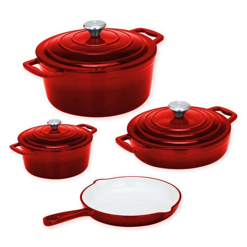 SMTE Dolphin 7 Piece Cast Iron Cookware Set - Red with keychain