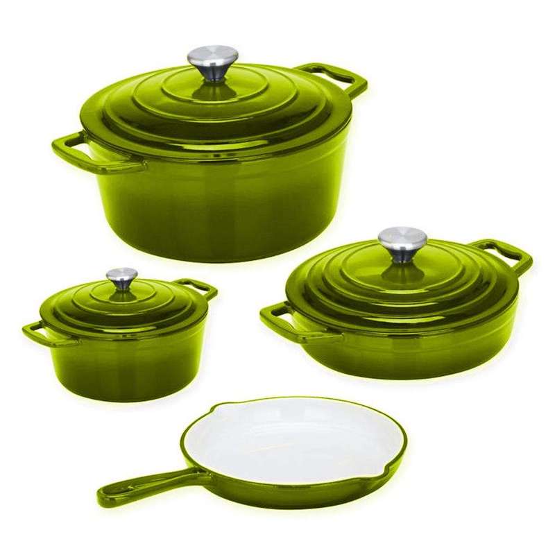 SMTE Dolphin 7 Piece Cast Iron Cookware Set - Green with keychain