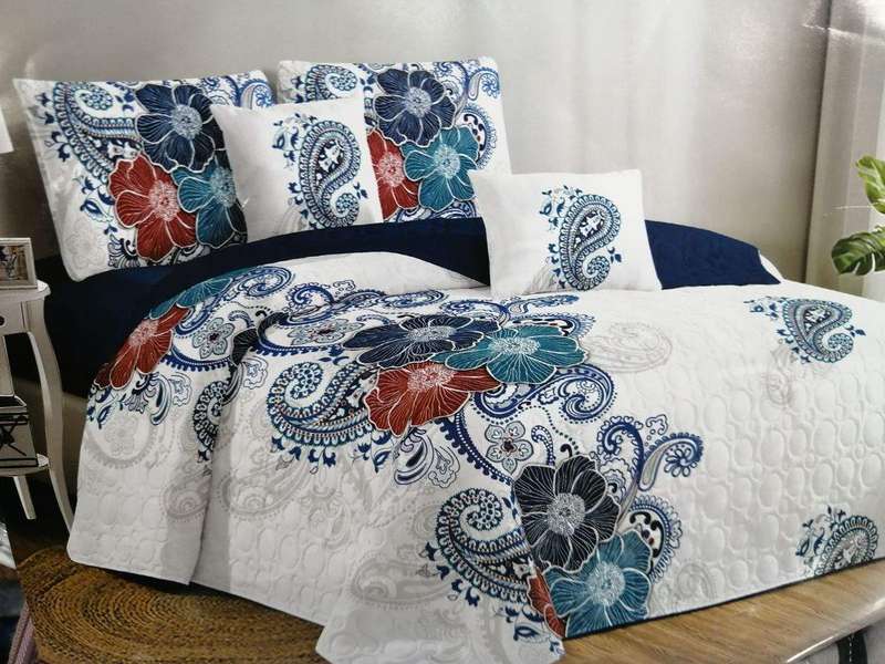SMTE 5 Piece Quilt Set Blue Flower Bedspread Set with keychain