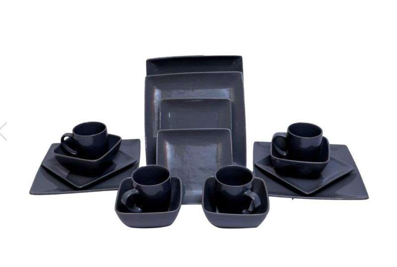 SMTE 16-Piece Ceramic Porcelain Dinnerware Set - Black with keychain