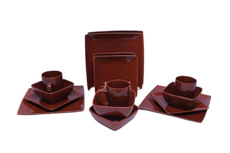 SMTE 16-Piece Ceramic Porcelain Dinnerware Set - Chocolate Brown with keychain