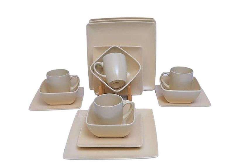 SMTE 16-Piece Ceramic Porcelain Dinnerware Set - Cream with keychain