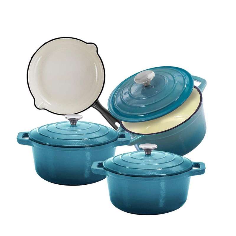 SMTE DH - The Best 7 Piece Enameled Cast Iron Dutch Oven Cookware Set - Turquoise Blue with keychain