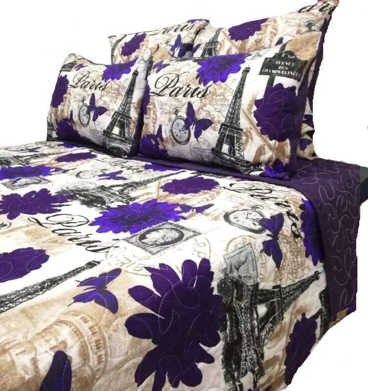 SMTE 5 Piece Quilt Set Purple Eiffel Tower Bedspread Set with keychain
