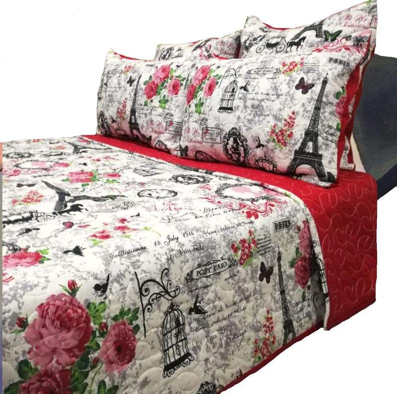 SMTE 5 Piece Quilt Set Red Eiffel Tower Bedspread Set with keychain