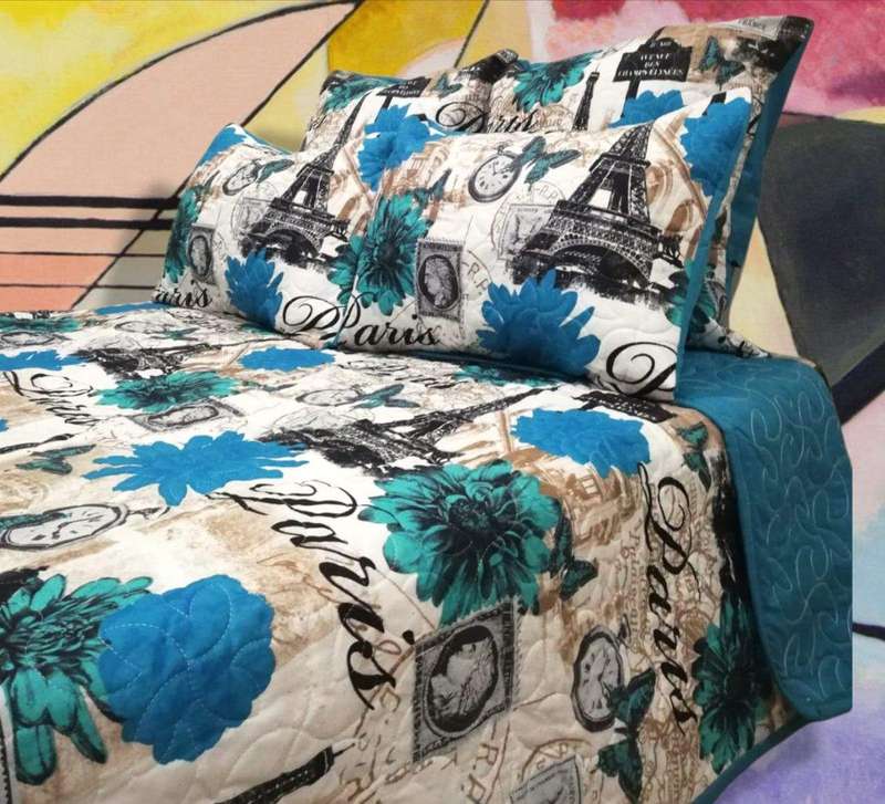 SMTE 5 Piece Quilt Set Blue Eiffel Tower Bedspread Set with keychain