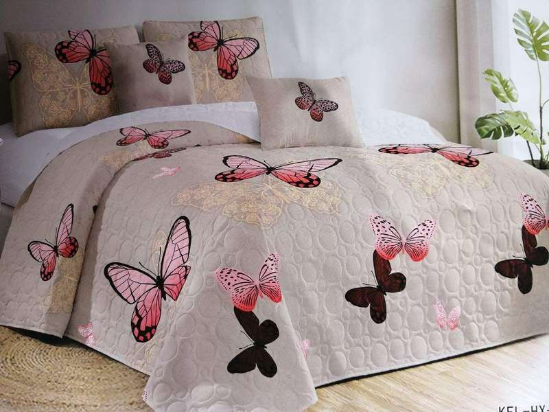 SMTE 5 Piece Quilt Set Pink Butterfly Bedspread Set with keychain