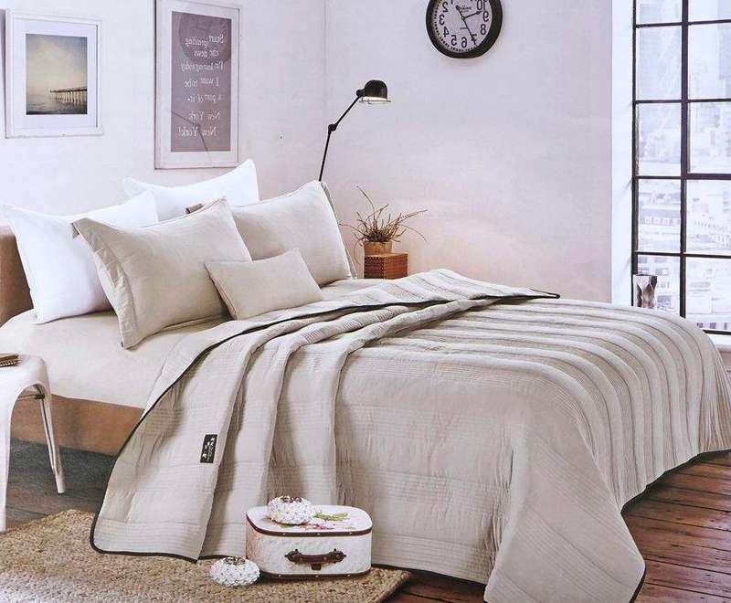 SMTE King Size Pre-washed Quilt Set Polyester Material (4 Piece) - Light Cream with keychain