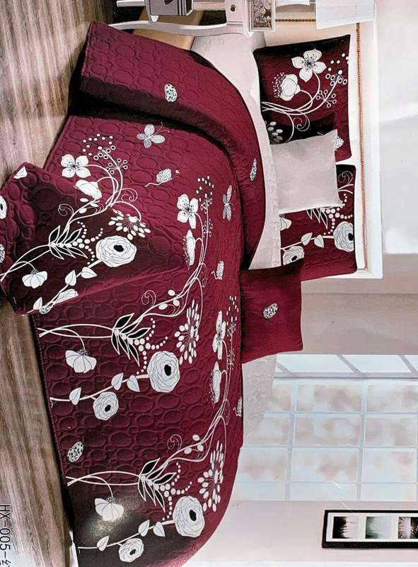 SMTE Bedspread Set Queen 5 Piece Microfiber Maroon White Garden with keychain