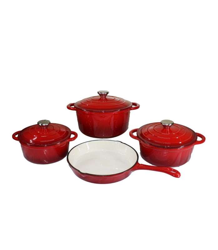 SMTE 7 Piece Authentic Cast Iron Dutch Oven Cookware Pot Set - Red with keychain